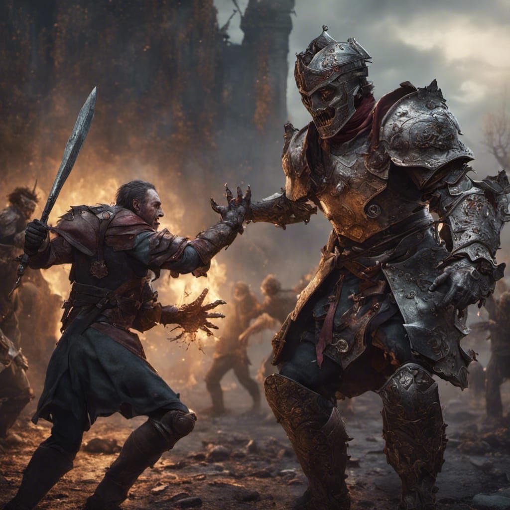Armored Cleric Fighting Zombie in Detailed Matte Painting