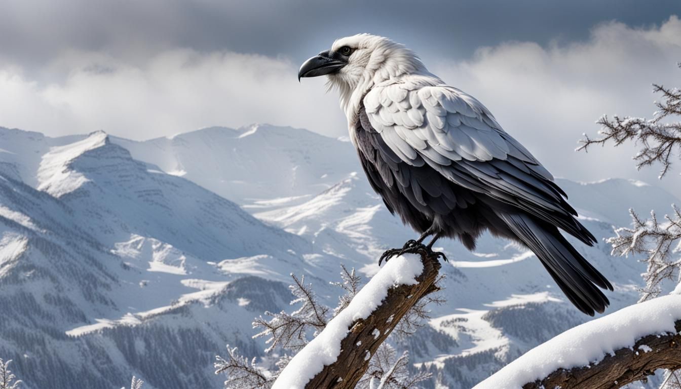 Silver White Raven in Snowy Mountain Valley