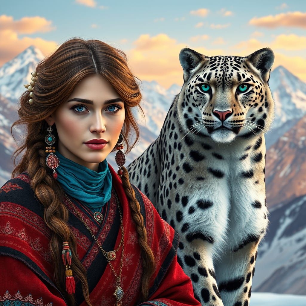 Pamir Woman and Snow Leopard Amidst Majestic Mountains