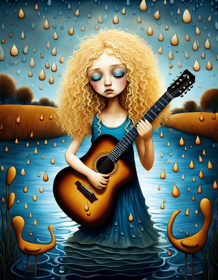 Girl Crying With Teardrop Guitar, Surrealist Art