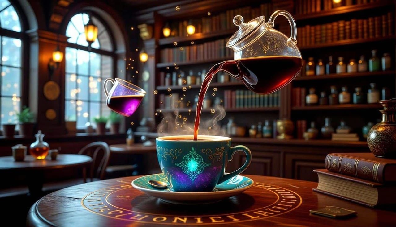 Enchanting Magical Cafe with Levitation and Shimmering Brew