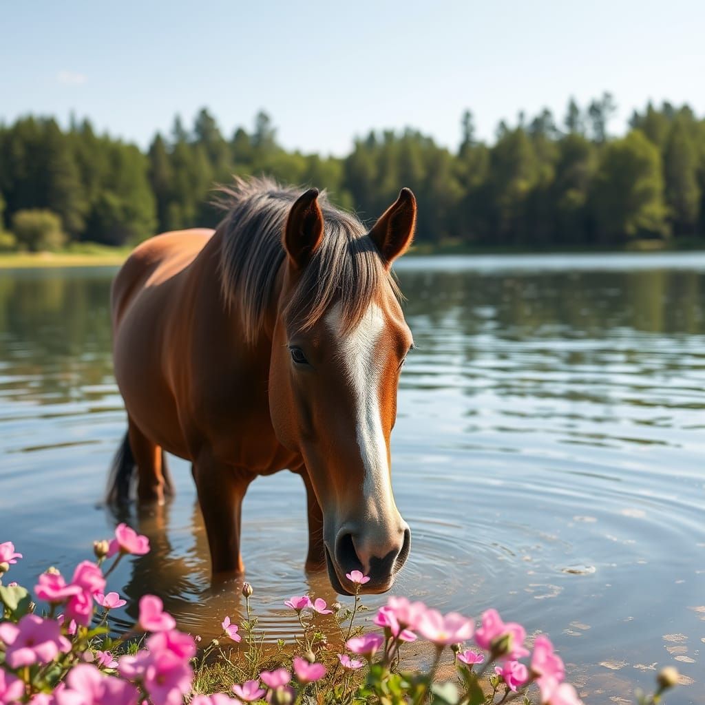 Quarter Horses Hydrating by a Flower-Lined Lake