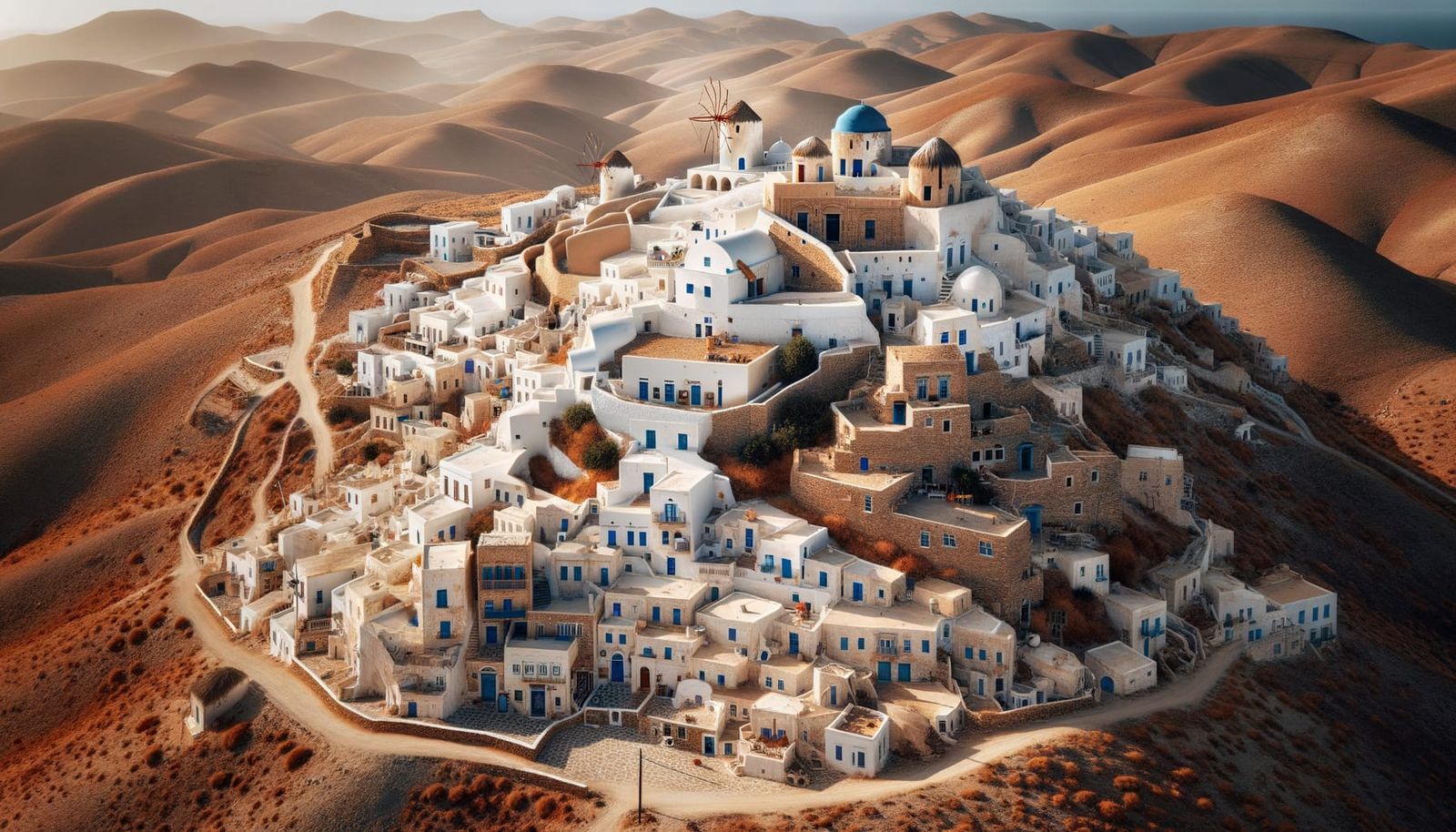 Greek Town on Red Hills with Blue Domes