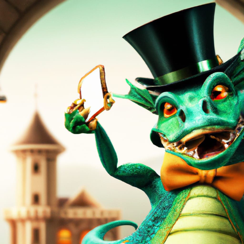 Green Dragon Selfie with Top Hat, Digital Art