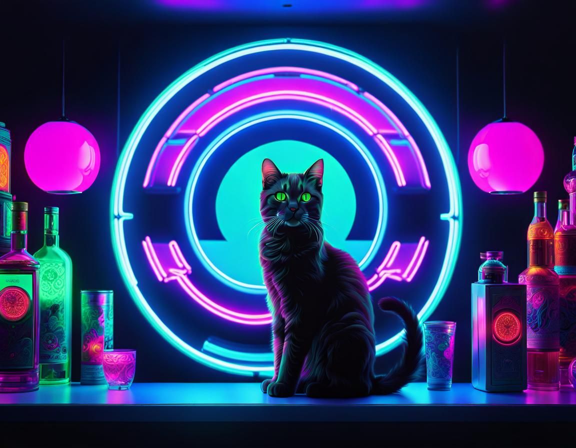Neon Vaporwave Cat with Glowing Green Eyes