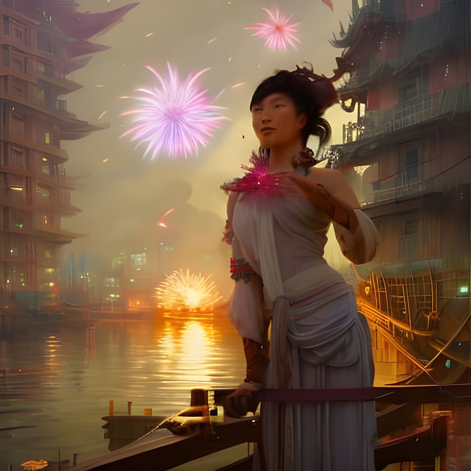 Futuristic Asian Village Dock at Night with Fireworks