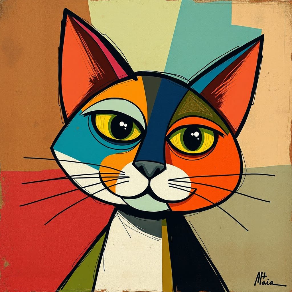 Whimsical Cubist Cat with Exaggerated Features