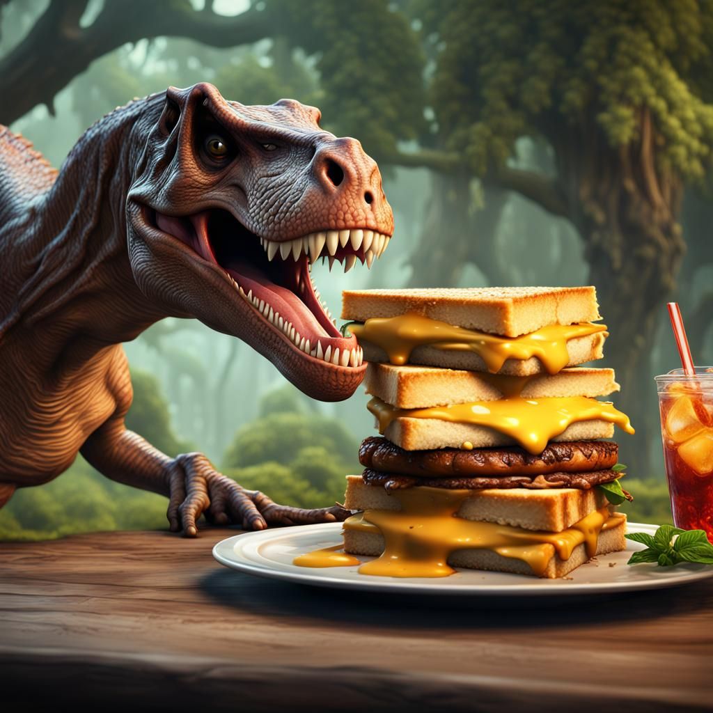 Tyrannosaurus Rex Enjoys Grilled Cheese: Detailed Matte Pain...
