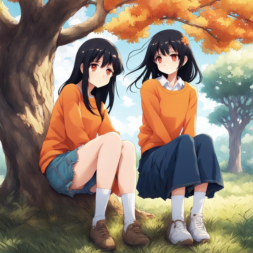 Anime-Style Women Chatting Under Oak Tree