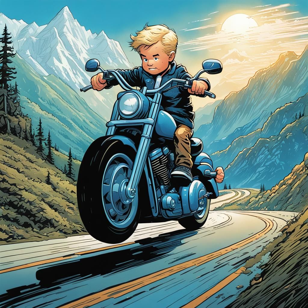 Toddler Boy on Harley: Comic Book Art