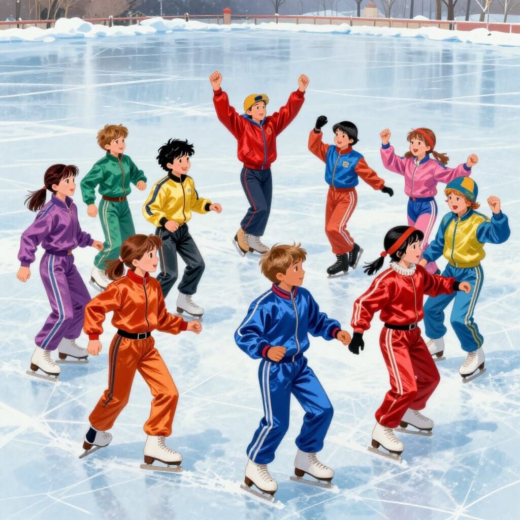 Vibrant 90s Kids Ice Skating and Dancing