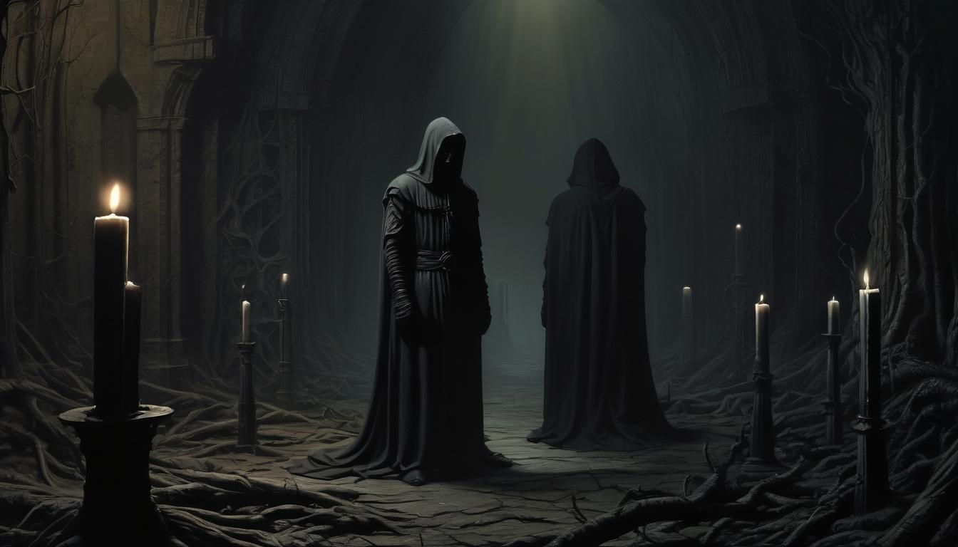 Mysterious Hooded Figure in Shadows: Gothic Illustration