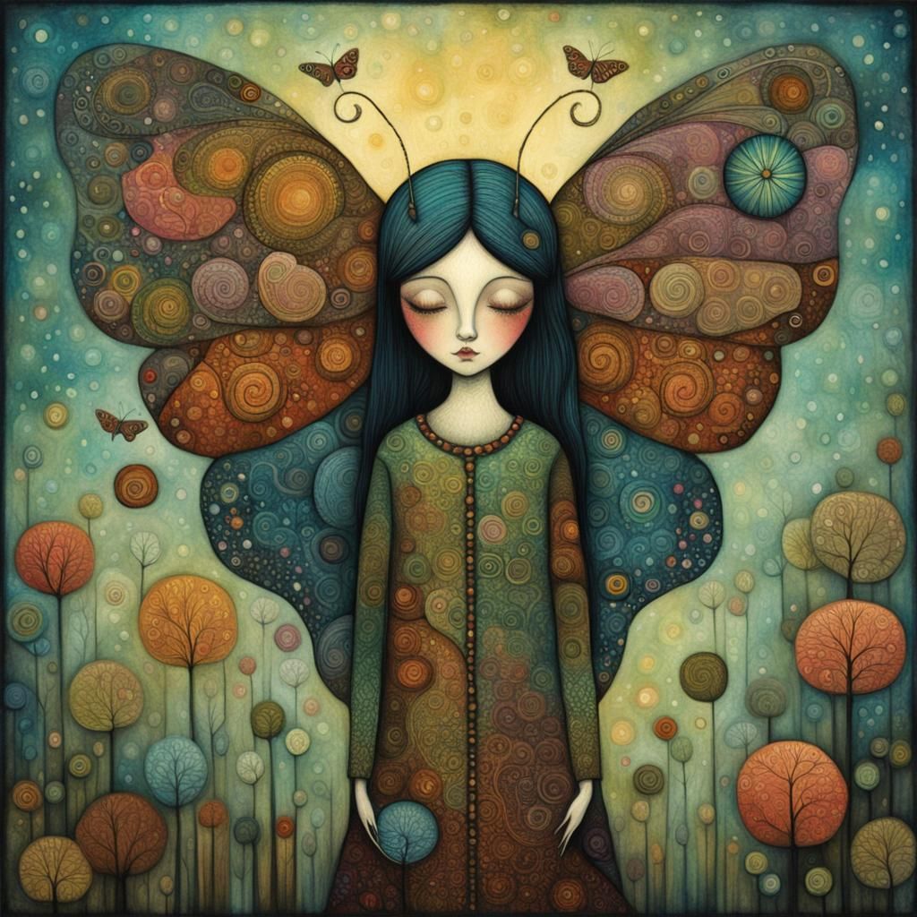 A dreamlike woman-butterfly in art brut style by Andy Kehoe, Benjamin Lacombe, Catherine Hyde, detailed, intricate, brig...