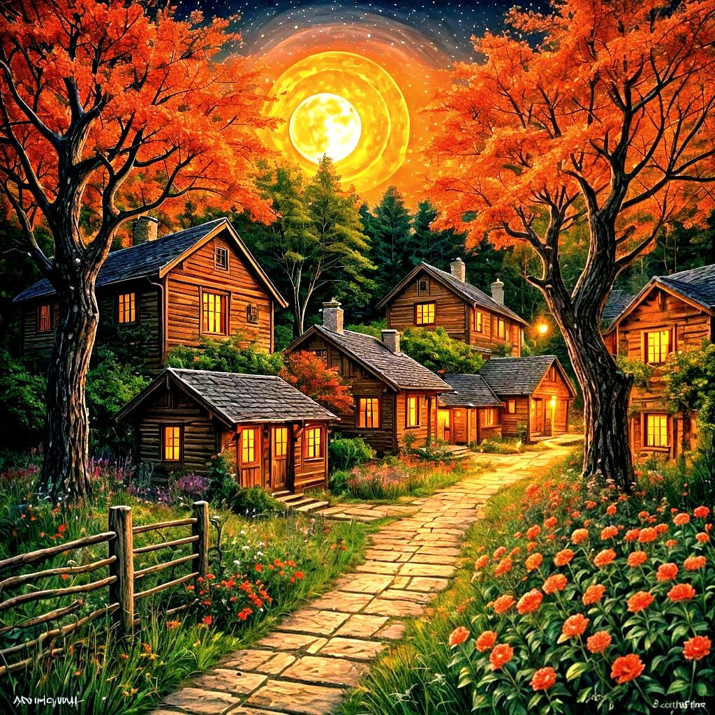 Mysterious Village Under Full Moon Oil Painting