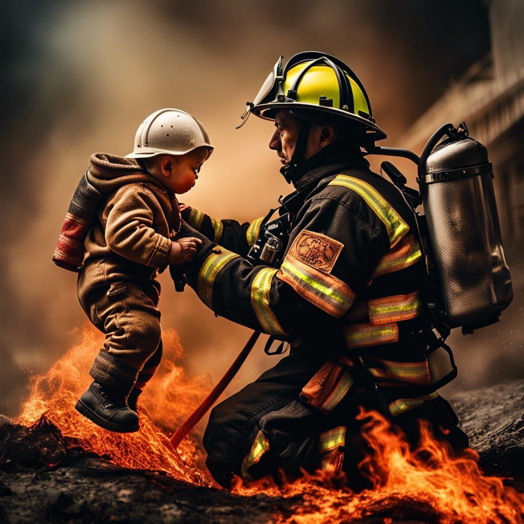 A firefighter rescuing a baby