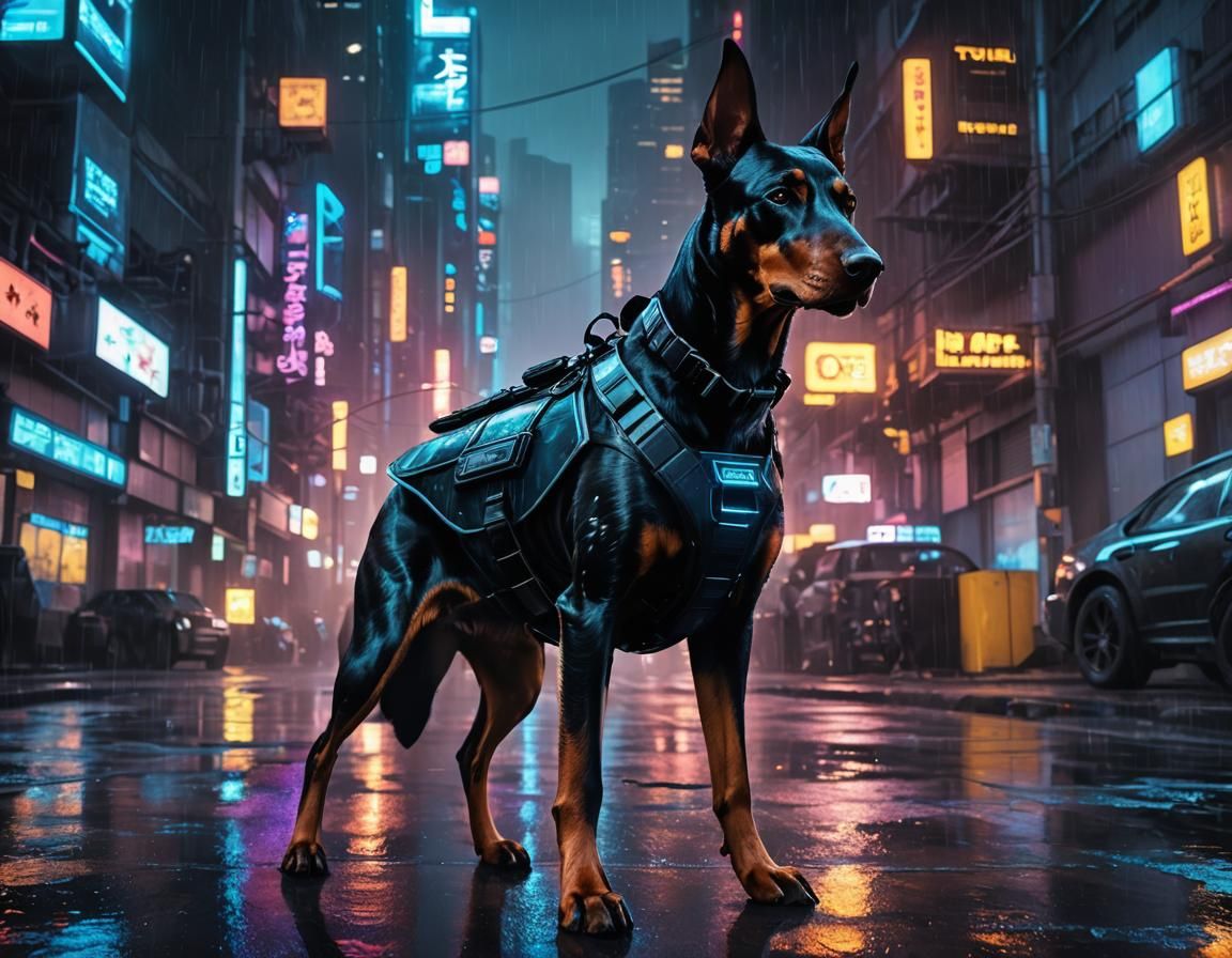 Cyberpunk Doberman in Futuristic Cityscape