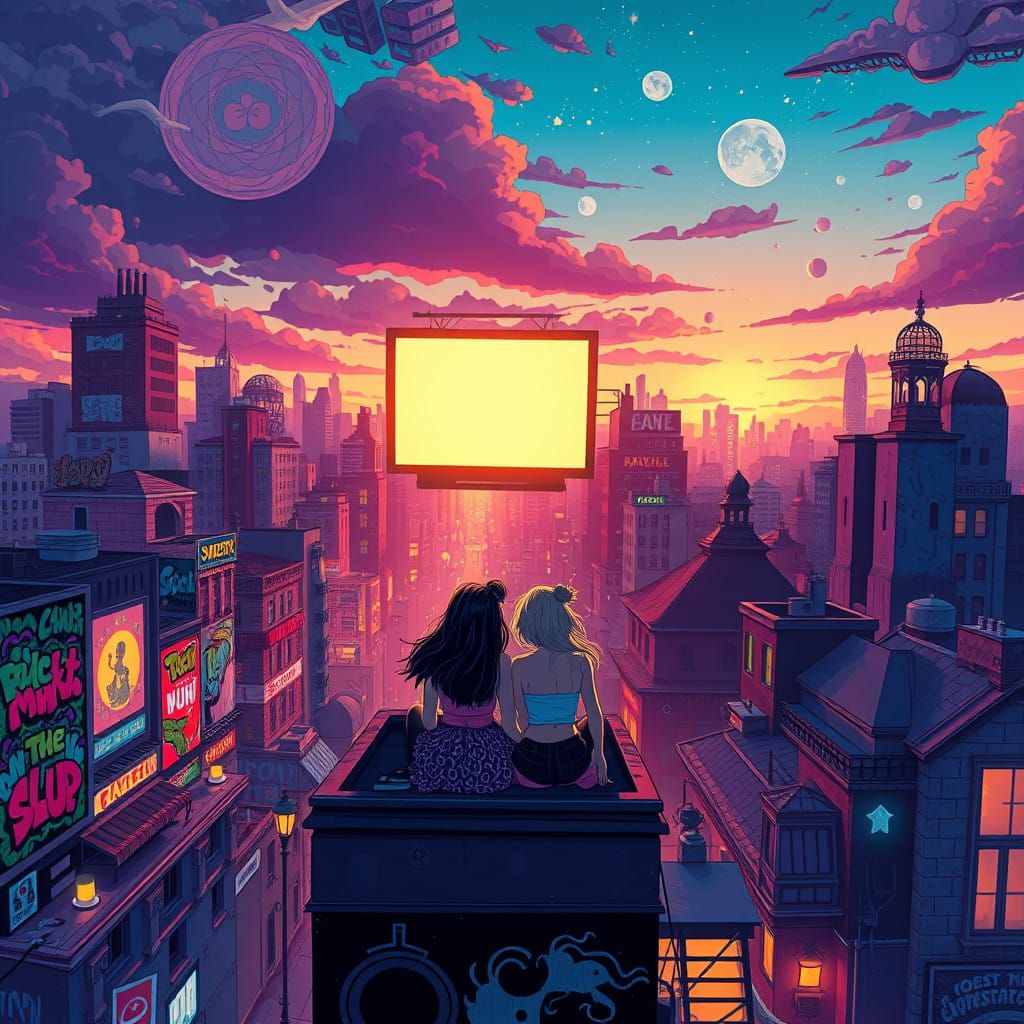 Dreamlike Cityscape with Glowing Movie Screen at Dusk