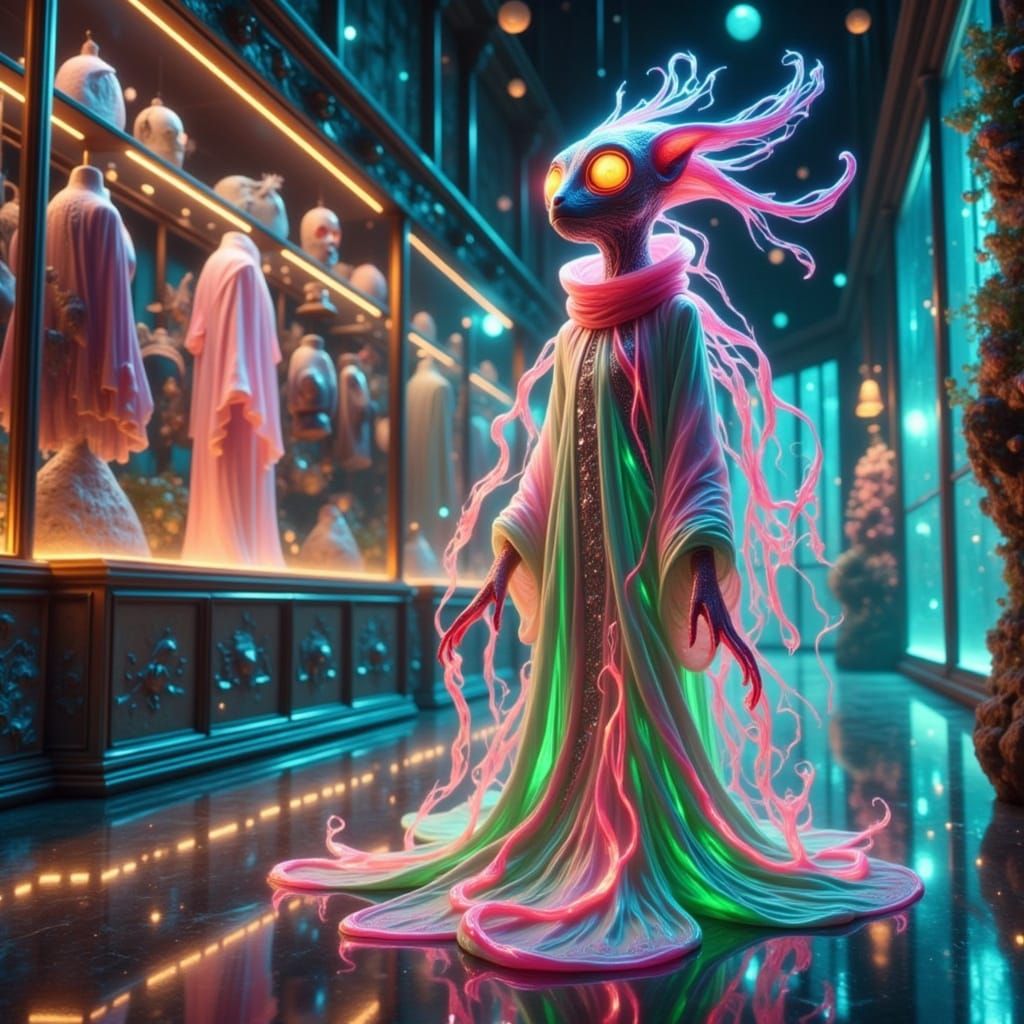 Luminous Cephalopod in Intergalactic Boutique Scene