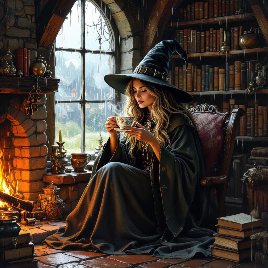 Cozy Witch Cottage Scene in Fantasy Illustration Style