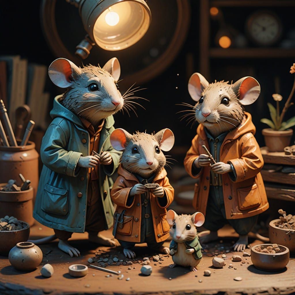 Warm, Cozy Scene of Clay Mice Playing and Exploring