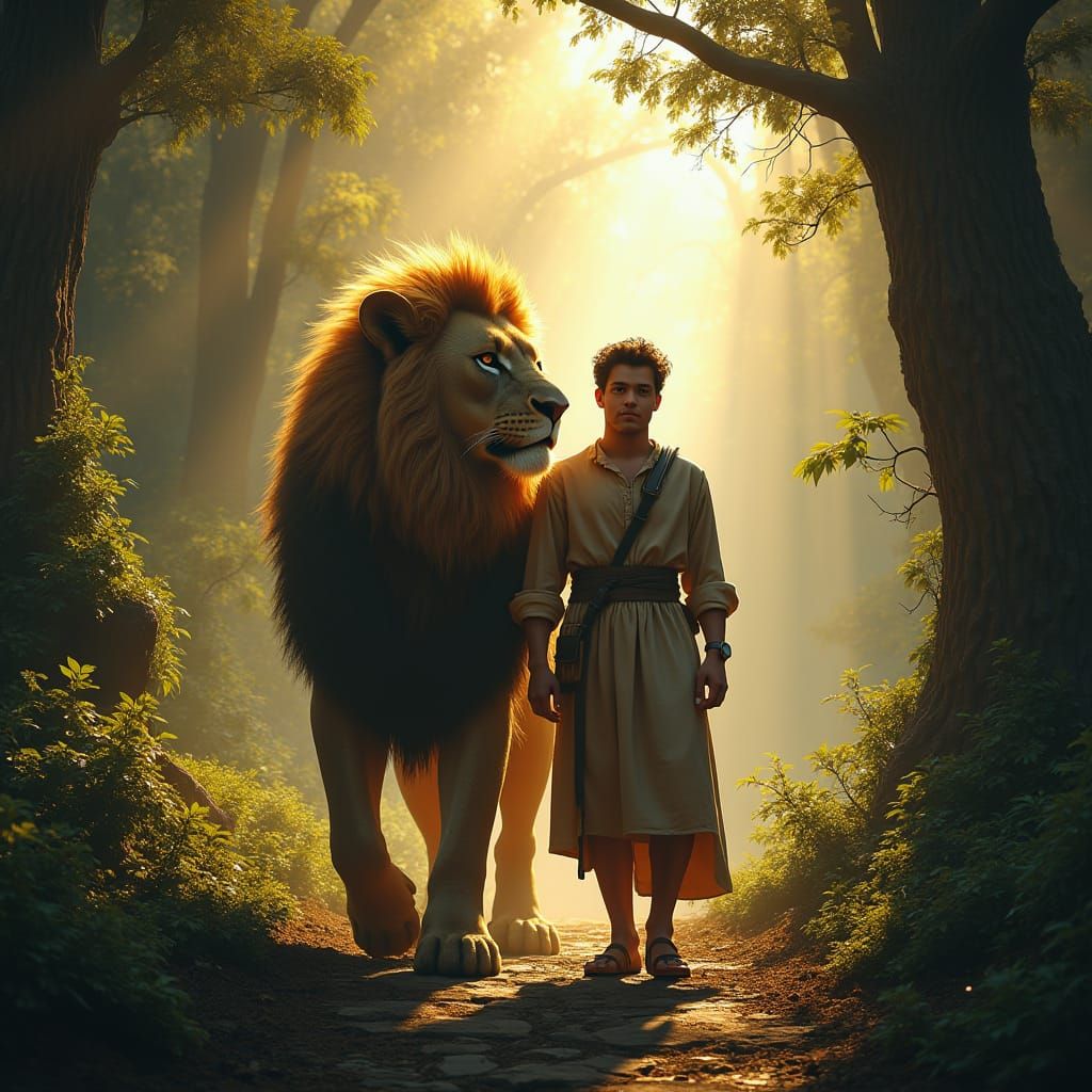 Lion and Man in Mystical Landscape