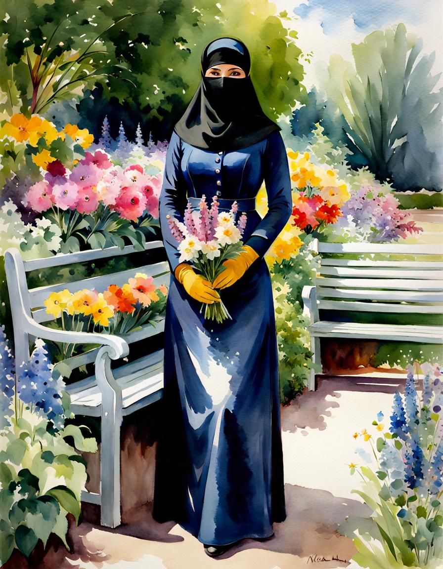 Niqabi Teacher Portrait in Watercolor Garden Setting