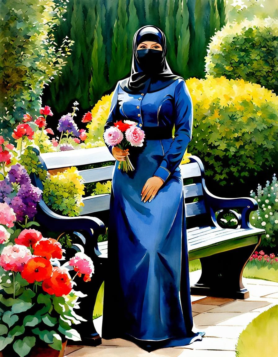 Niqabi Teacher in Garden with Flowers, Watercolor Portrait