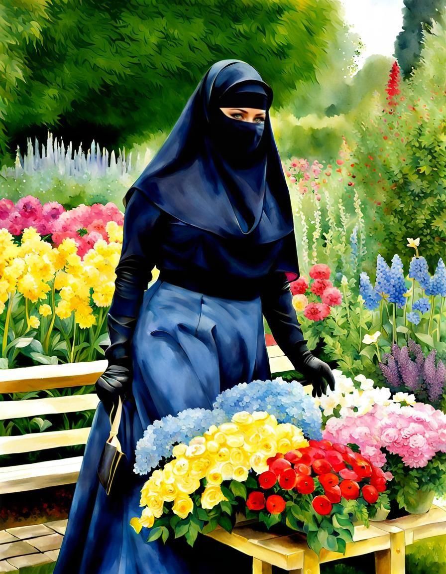 Niqabi Teacher in Garden Holding Flowers, Watercolor Portrai...