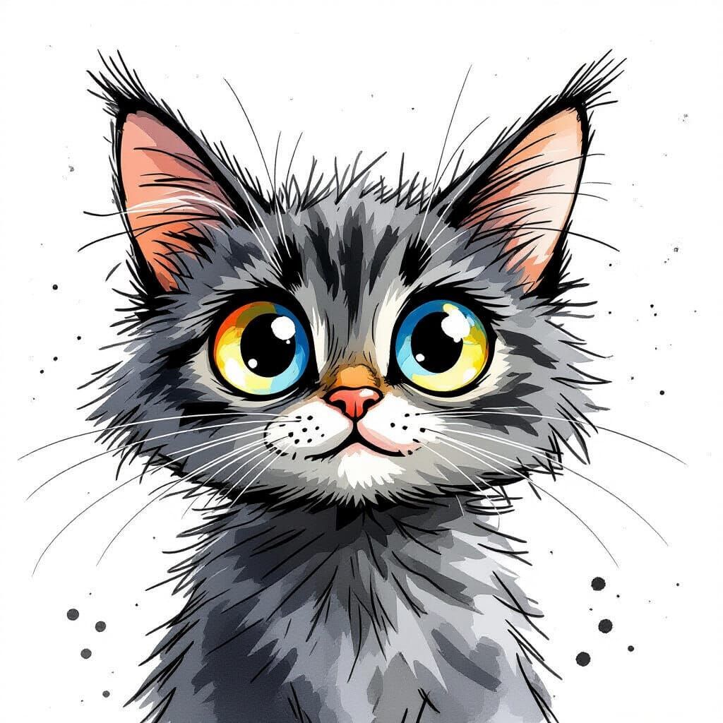 Playful Scruffy Cat in Watercolor Style