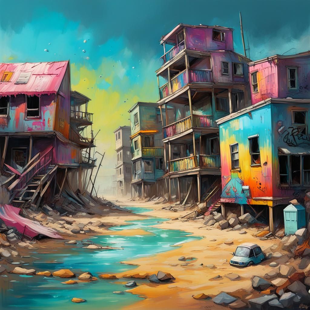 Whimsical Abandoned Beach Town in Splash Art Style