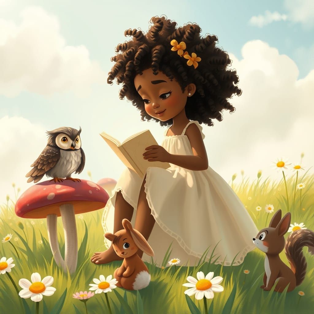 Girl Reads to Animals in Whimsical Meadow