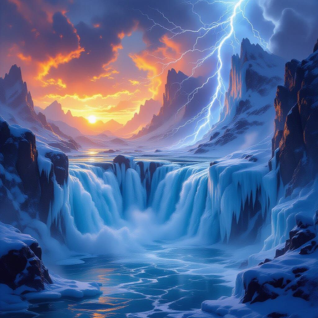 Mystical Landscape of Fire, Water, Ice, and Lightning