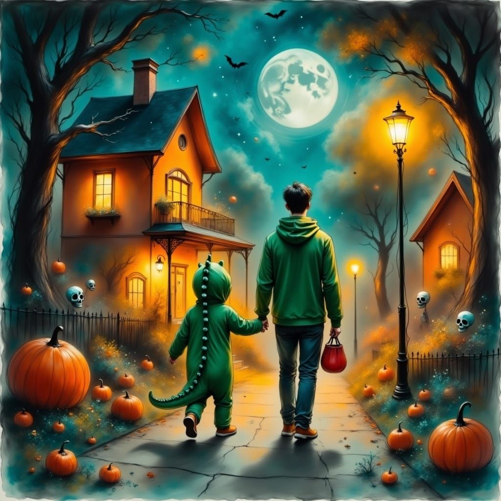 Halloween Night: Father and Son in Art Nouveau Style