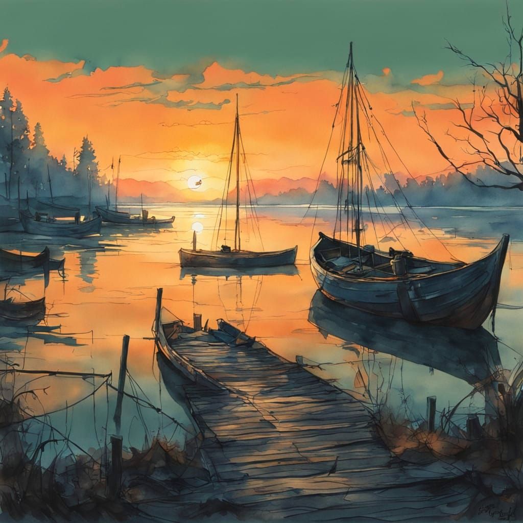 Whimsical Sunset on a Tranquil Lakeside Docks in Watercolor....