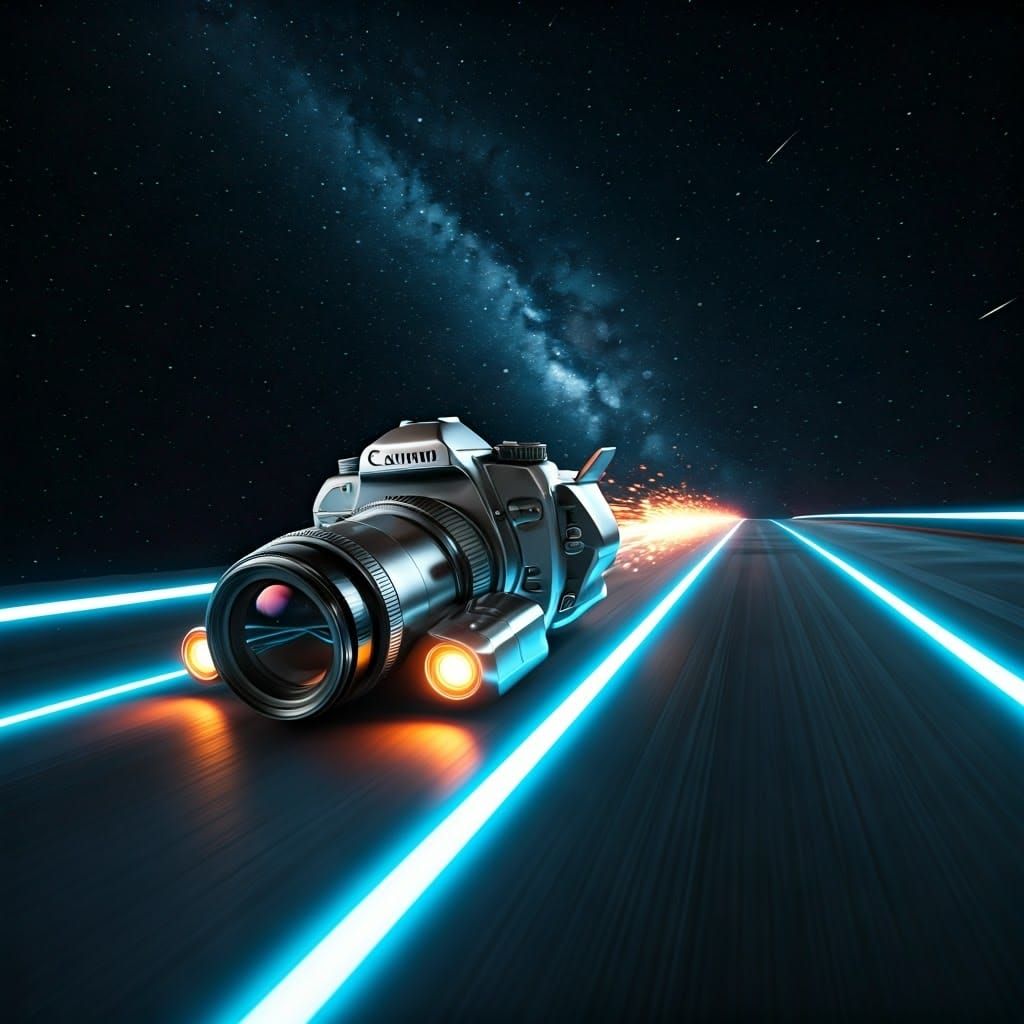 Sleek Camera Spaceship on Neon Track, Sci-Fi Art