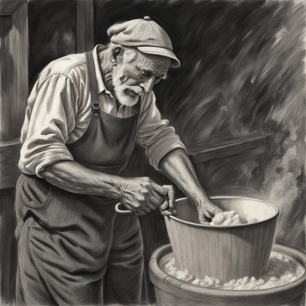 Sad Farmer Churns Butter in Charcoal Drawing