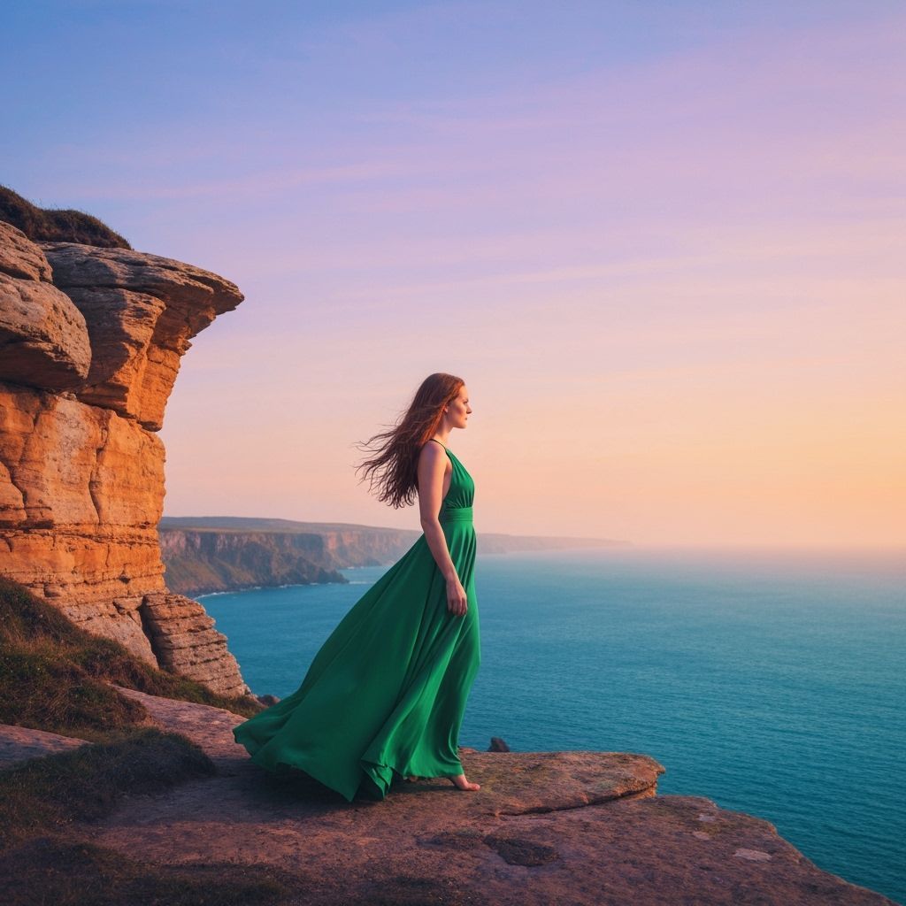 Woman Overlooking Ocean in Dreamy Landscape