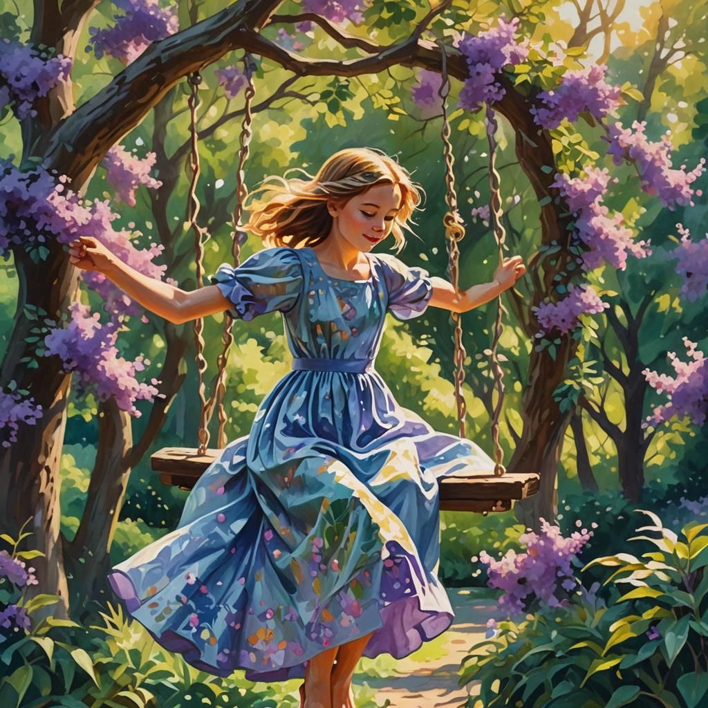 Girl on Swing in Impressionist Gouache Style