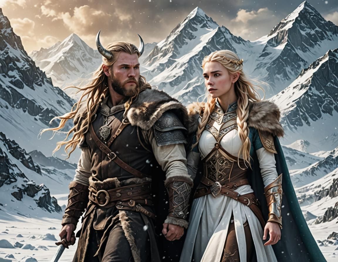 Fantasy couple brunette Viking king and blonde elven princes...