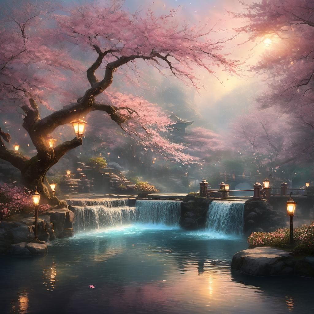 Cherry Blossoms and Lanterns by Waterfall in Digital Art