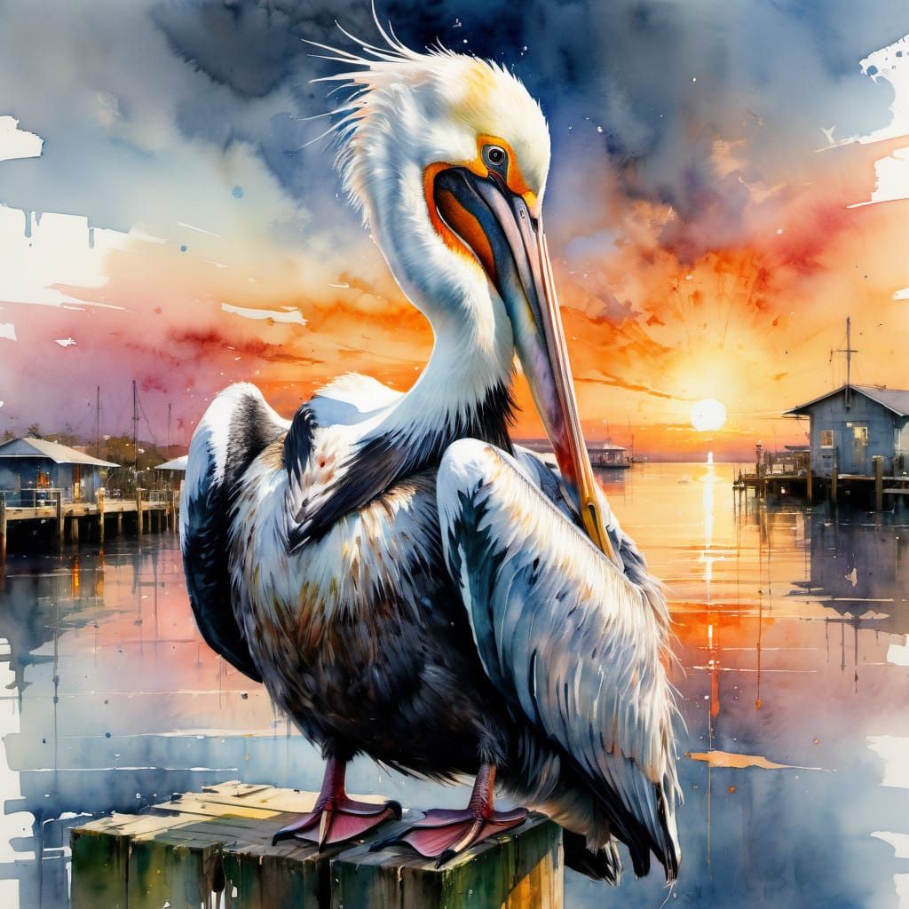 Watercolor Portrait of a Smiling Pelican on a Sunset Dock
