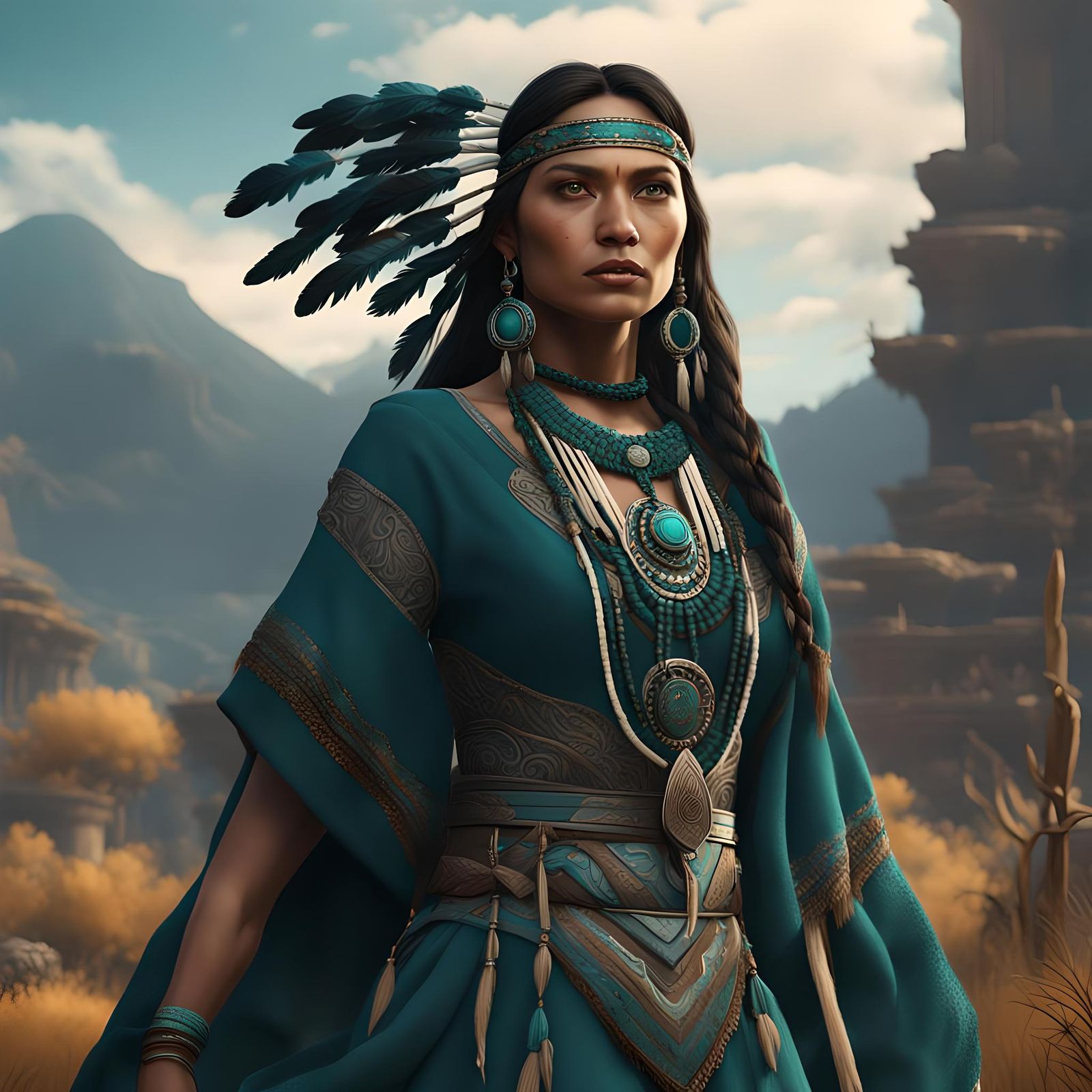 Native American Woman in Teal Dress: Fantasy Art