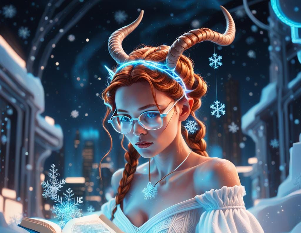 Fantasy Elf Woman Reading with Ice Magic