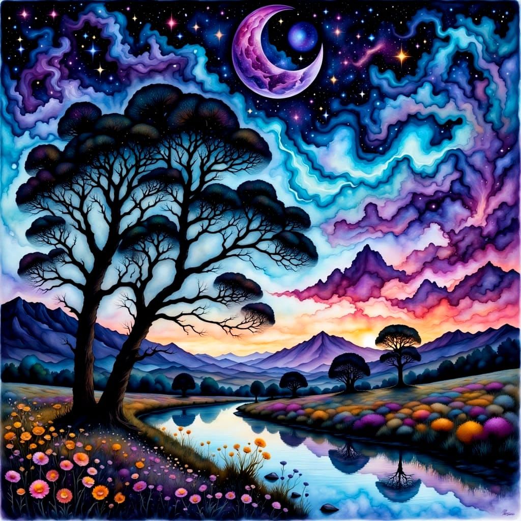 Surreal Nighttime Landscape with Swirling Inks and Hyperdeta...