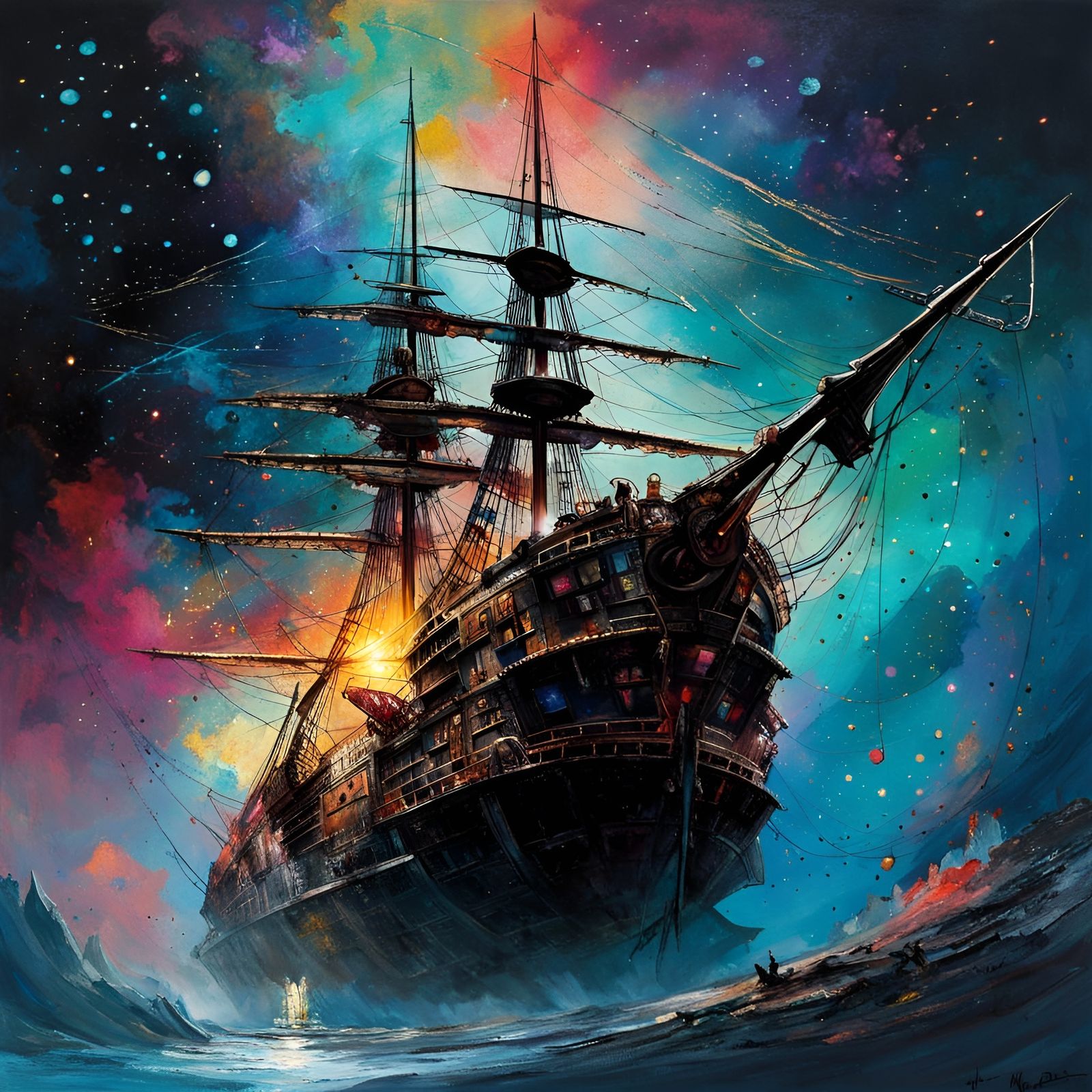 Galactic Pirate Ship in Space Oil Painting