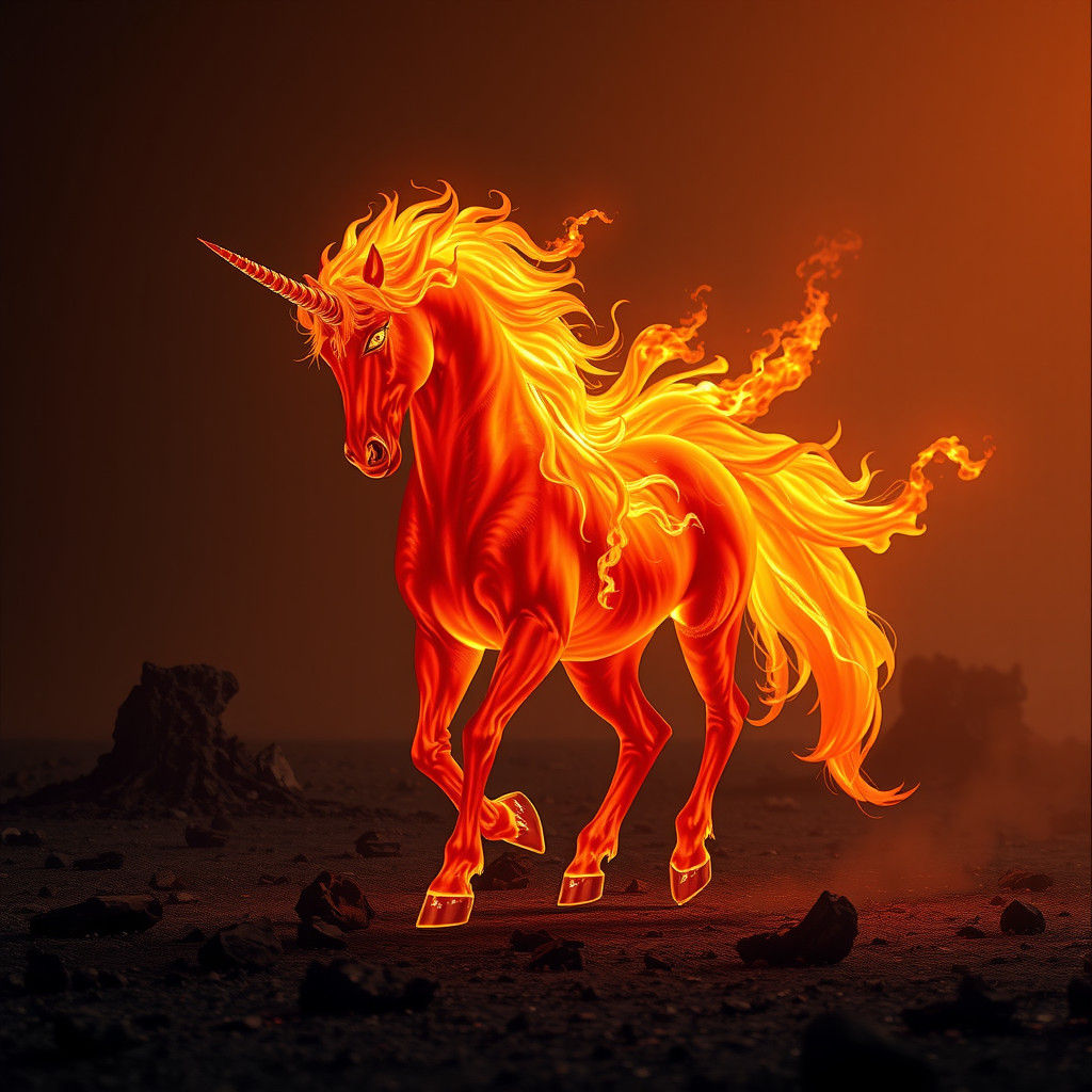 Majestic Fire Unicorn in a Blazing Landscape