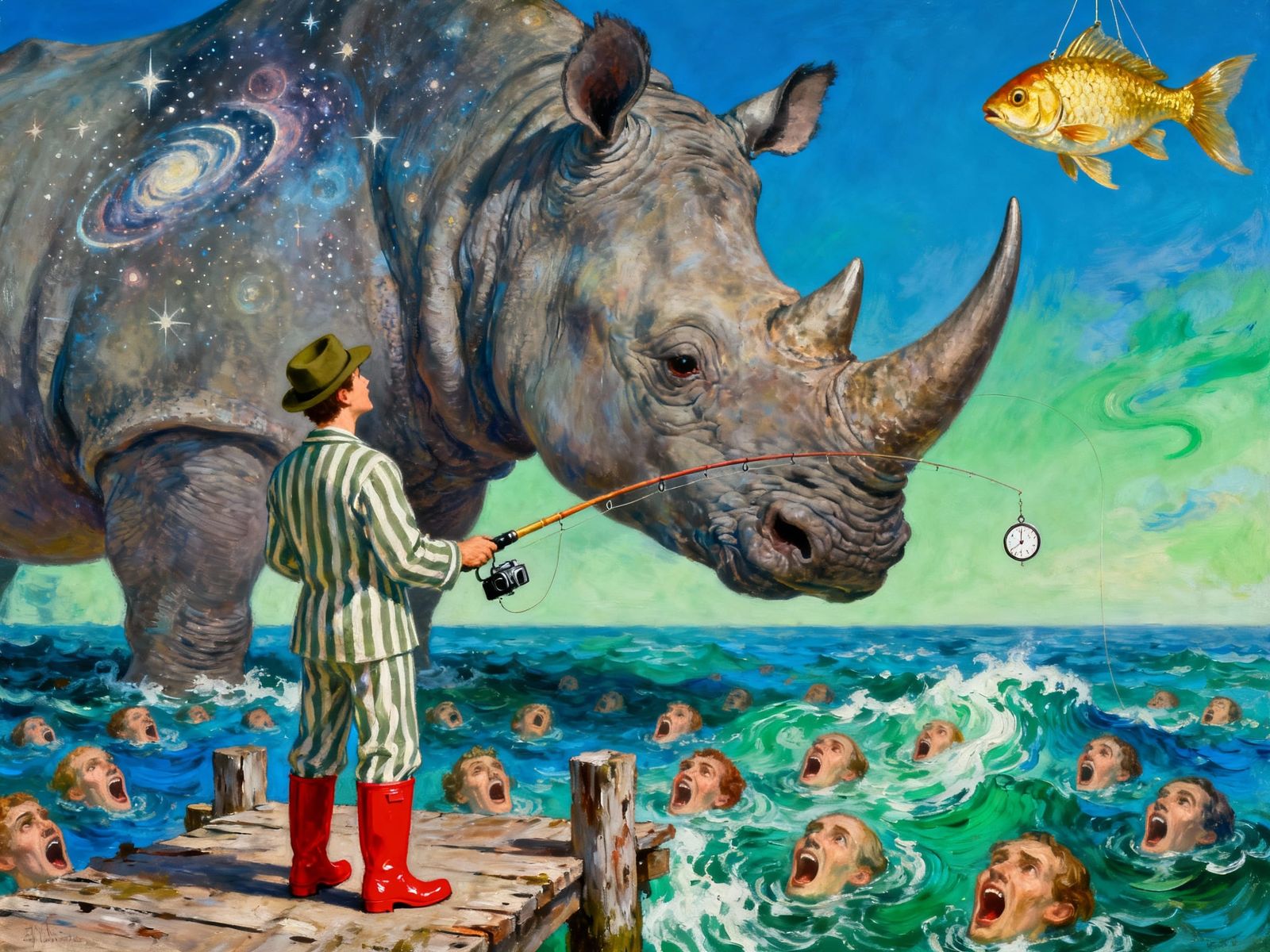Surreal Oil Painting of Giant Rhino and Dreamlike Pier Scene