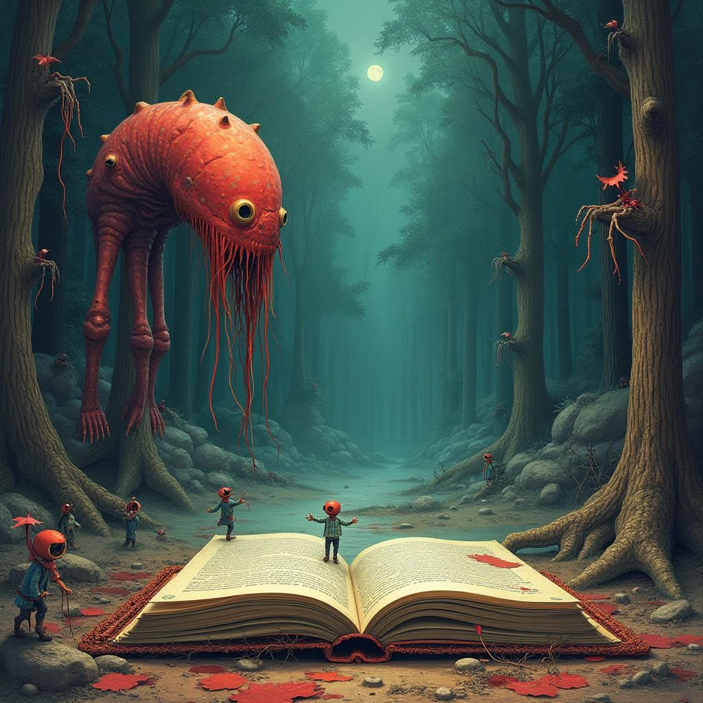 Eerie Children's Book Page in Biomechanical Style