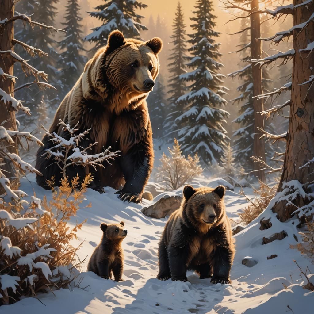 Bear Cub Playing in Snow, Oil Painting Style