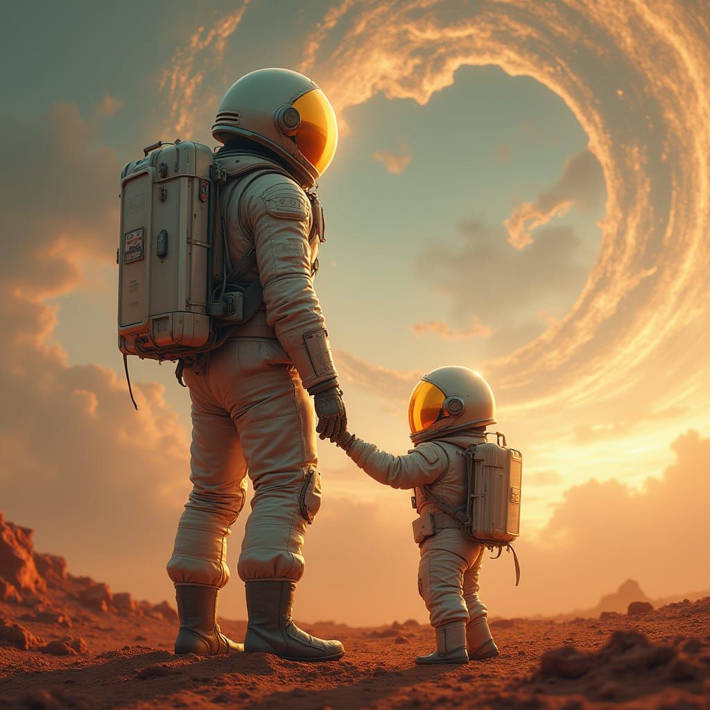 Astronaut and Child Gaze Up at the Celestial Canvas on an Un...